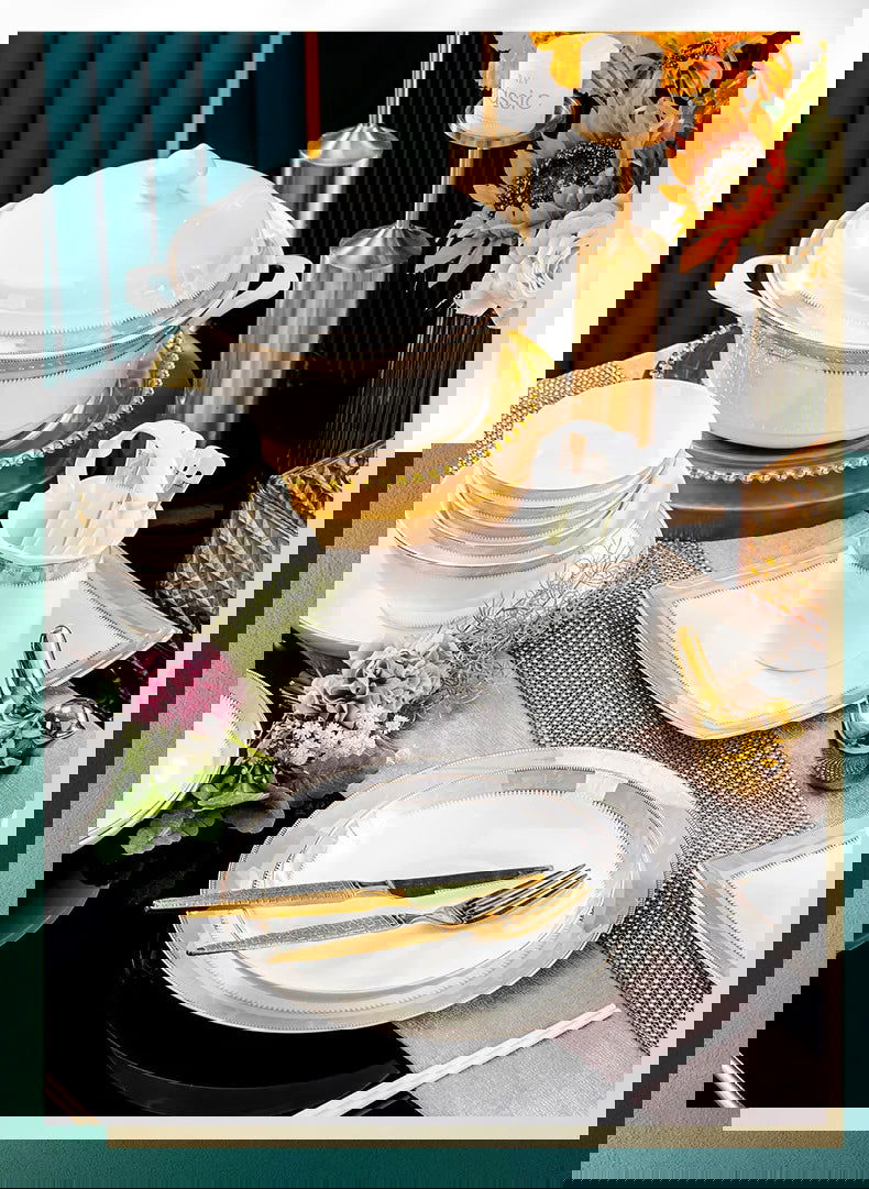 Jingdezhen Ceramic Tableware Light Luxury Bowl Plate Spoon Combination Full Set of Bone Porcelain Bowls and Dishes Household Set - Grand Goldman