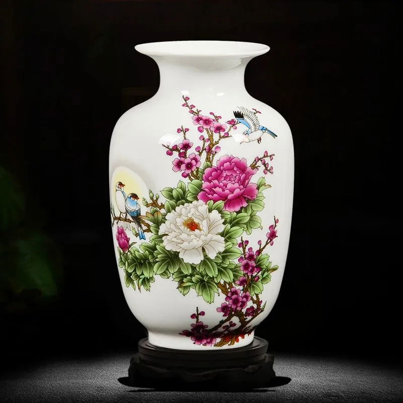 Jingdezhen Ceramic Vases for Home Decor - Traditional Chinese Style Flower Pot Arrangement Tabletop Hand Painted White Pottery Amphora Sakura Decoration - Grand Goldman