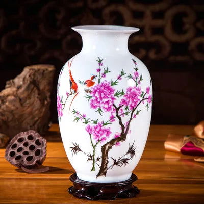 Jingdezhen Ceramic Vases for Home Decor - Traditional Chinese Style Flower Pot Arrangement Tabletop Hand Painted White Pottery Amphora Sakura Decoration - Grand Goldman