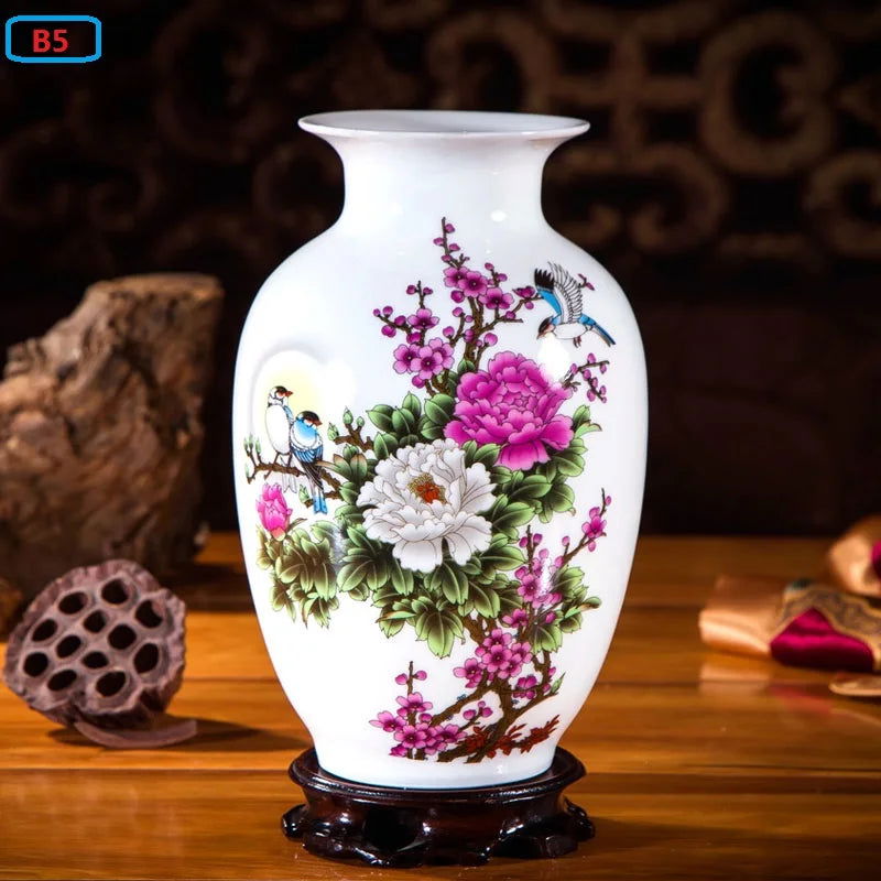 Jingdezhen Ceramic Vases for Home Decor - Traditional Chinese Style Flower Pot Arrangement Tabletop Hand Painted White Pottery Amphora Sakura Decoration - Grand Goldman