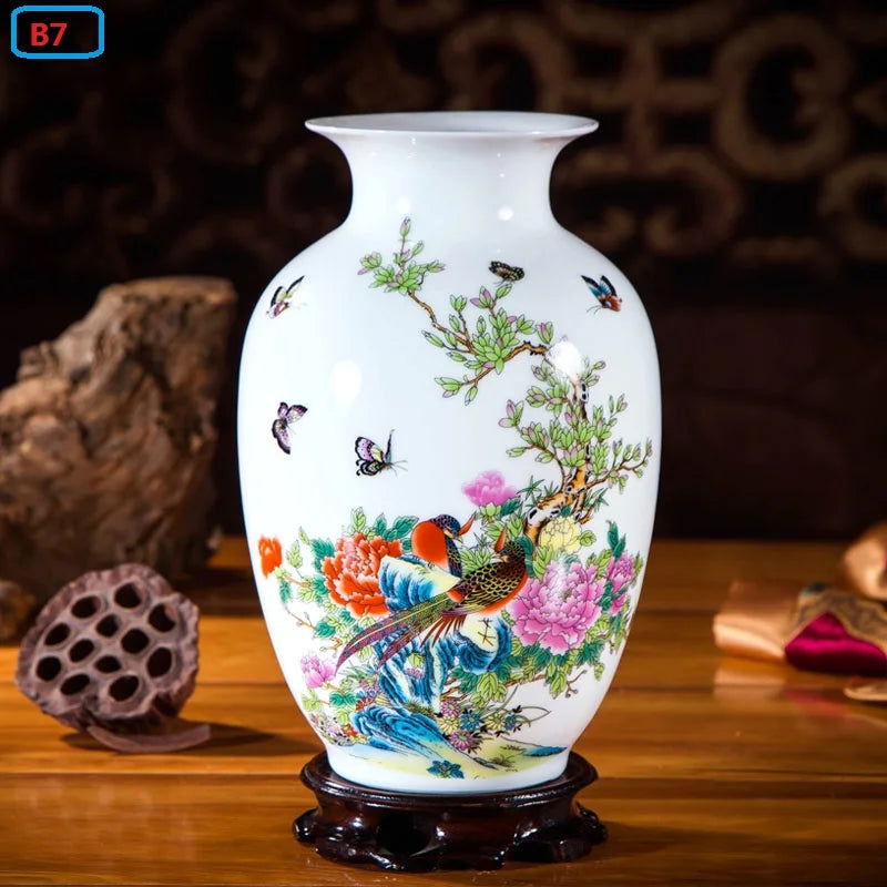 Jingdezhen Ceramic Vases for Home Decor - Traditional Chinese Style Flower Pot Arrangement Tabletop Hand Painted White Pottery Amphora Sakura Decoration - Grand Goldman