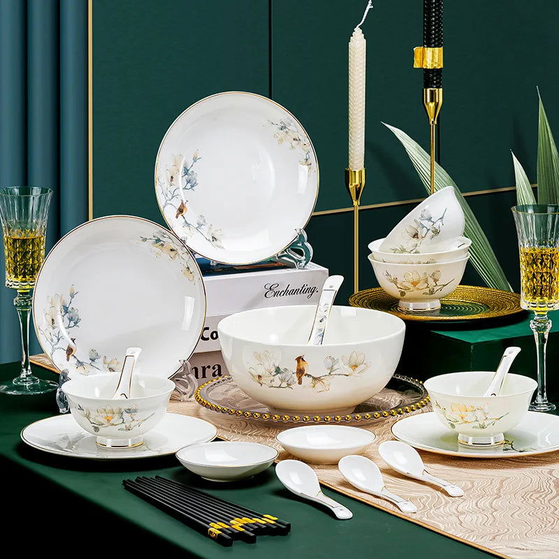 Jingdezhen Chinese style household ceramic bowls, plates, sets, boxes, bone china tableware, bowls, chopsticks, sets, porcelain - Grand Goldman