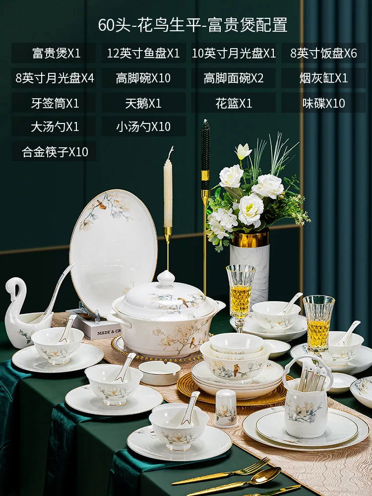 Jingdezhen Chinese style household ceramic bowls, plates, sets, boxes, bone china tableware, bowls, chopsticks, sets, porcelain - Grand Goldman