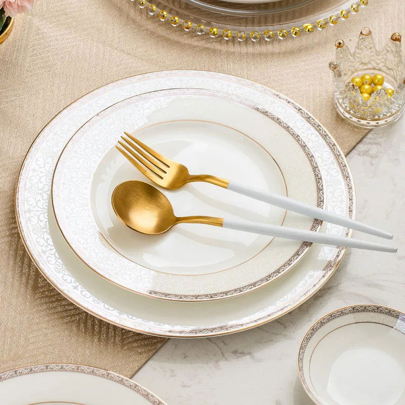 Jingdezhen European Style Simple Gold Border 56 Head Bone Porcelain Tableware Ceramic Bowl and Plate Combination - Grand Goldman