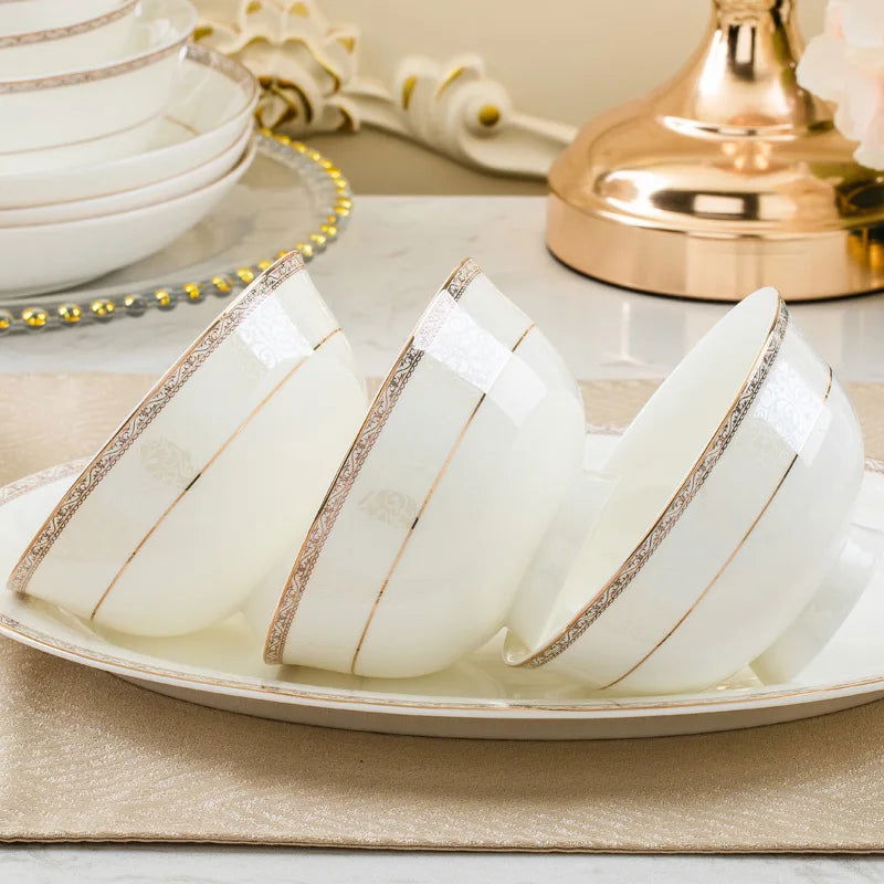 Jingdezhen European Style Simple Gold Border 56 Head Bone Porcelain Tableware Ceramic Bowl and Plate Combination - Grand Goldman