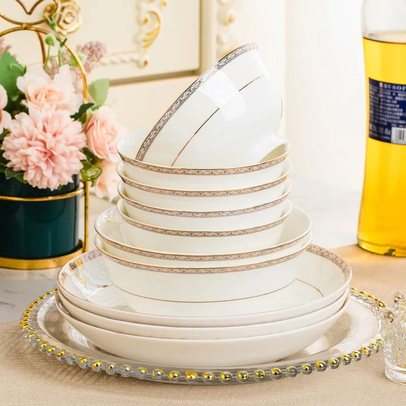 Jingdezhen European Style Simple Gold Border 56 Head Bone Porcelain Tableware Ceramic Bowl and Plate Combination - Grand Goldman