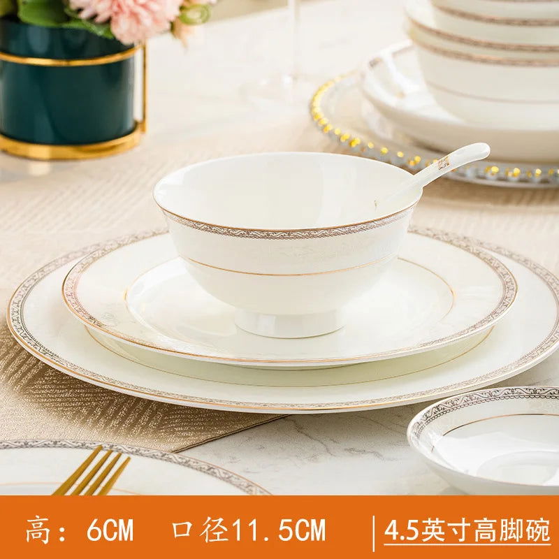 Jingdezhen European Style Simple Gold Border 56 Head Bone Porcelain Tableware Ceramic Bowl and Plate Combination - Grand Goldman
