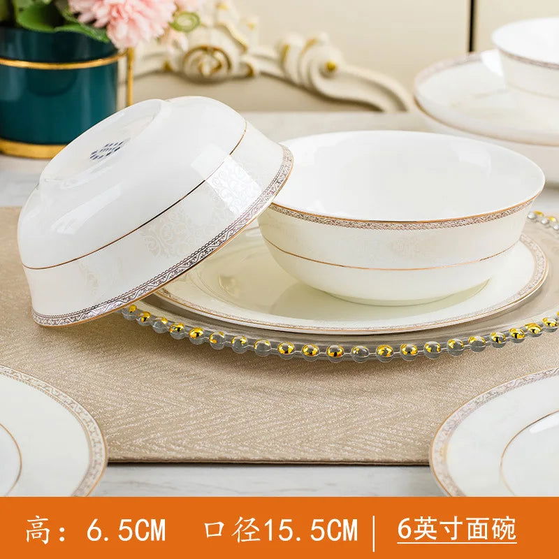Jingdezhen European Style Simple Gold Border 56 Head Bone Porcelain Tableware Ceramic Bowl and Plate Combination - Grand Goldman