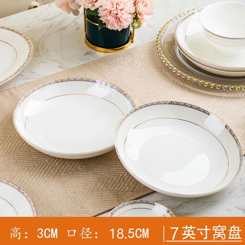 Jingdezhen European Style Simple Gold Border 56 Head Bone Porcelain Tableware Ceramic Bowl and Plate Combination - Grand Goldman