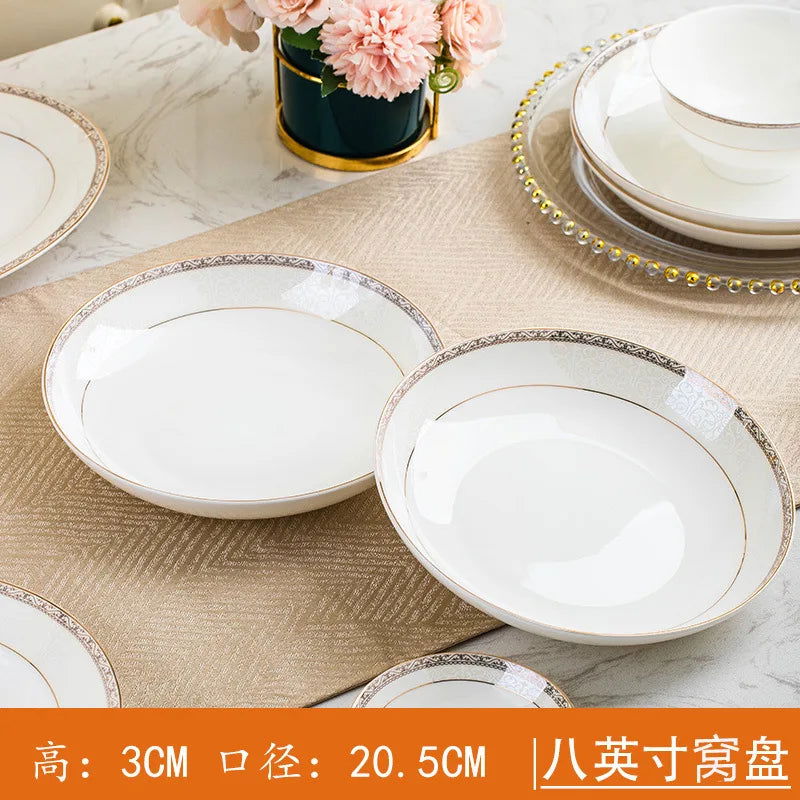 Jingdezhen European Style Simple Gold Border 56 Head Bone Porcelain Tableware Ceramic Bowl and Plate Combination - Grand Goldman