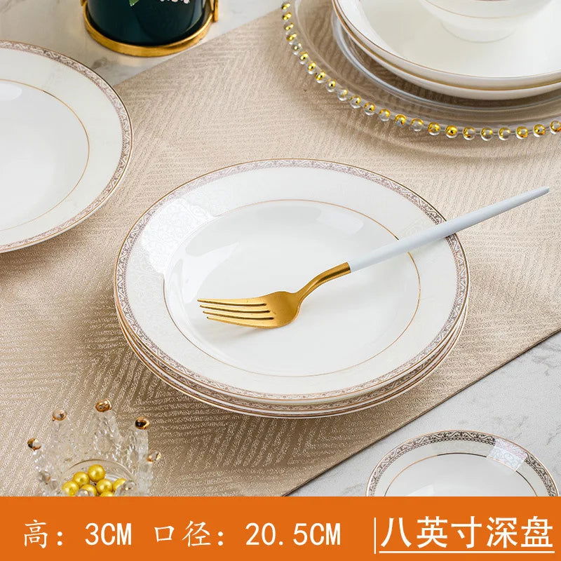 Jingdezhen European Style Simple Gold Border 56 Head Bone Porcelain Tableware Ceramic Bowl and Plate Combination - Grand Goldman