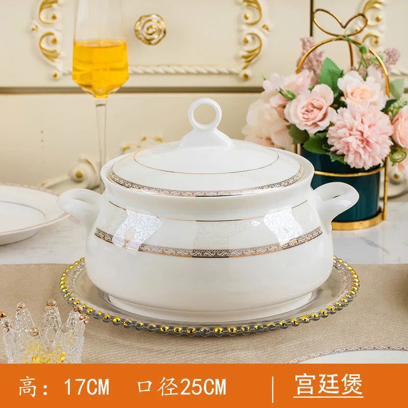 Jingdezhen European Style Simple Gold Border 56 Head Bone Porcelain Tableware Ceramic Bowl and Plate Combination - Grand Goldman