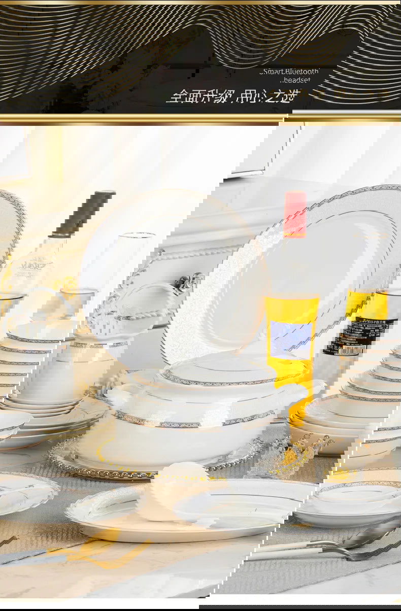 Jingdezhen European Style Simple Gold Border 56 Head Bone Porcelain Tableware Ceramic Bowl and Plate Combination - Grand Goldman