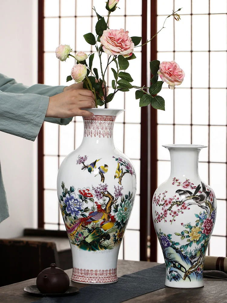 Jingdezhen Large 37CM Ceramic Vases Pottery Decoration Floral Container for Living Room Kitchen Office Long Flower Pot Arrangement Modern Home Simple TV Cabinet Christmas Gift - Grand Goldman