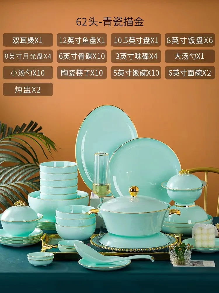 Jingdezhen Light Luxury Bone Porcelain Hand-painted Gold Border Bowl Plate Combination, Celadon Tableware Set for Household Use - Grand Goldman