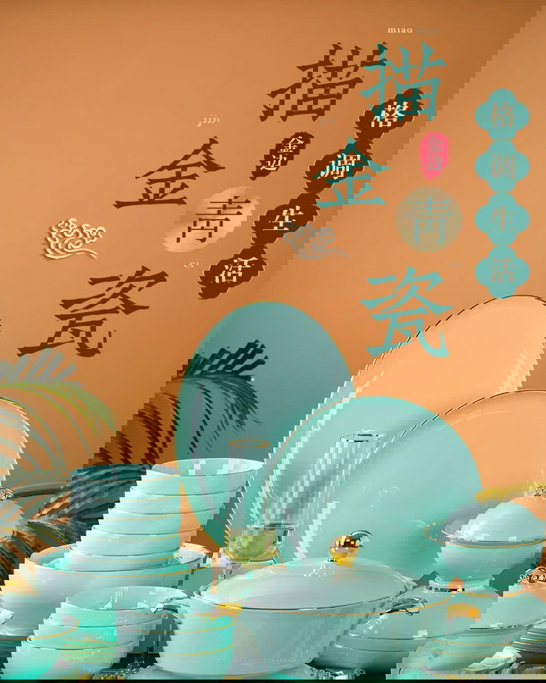 Jingdezhen Light Luxury Bone Porcelain Hand-painted Gold Border Bowl Plate Combination, Celadon Tableware Set for Household Use - Grand Goldman