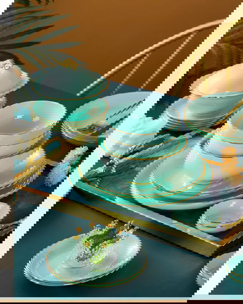 Jingdezhen Light Luxury Bone Porcelain Hand-painted Gold Border Bowl Plate Combination, Celadon Tableware Set for Household Use - Grand Goldman