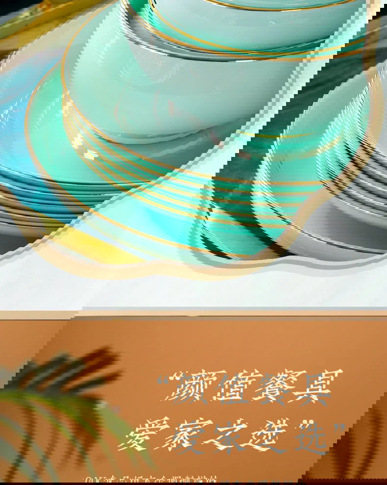 Jingdezhen Light Luxury Bone Porcelain Hand-painted Gold Border Bowl Plate Combination, Celadon Tableware Set for Household Use - Grand Goldman