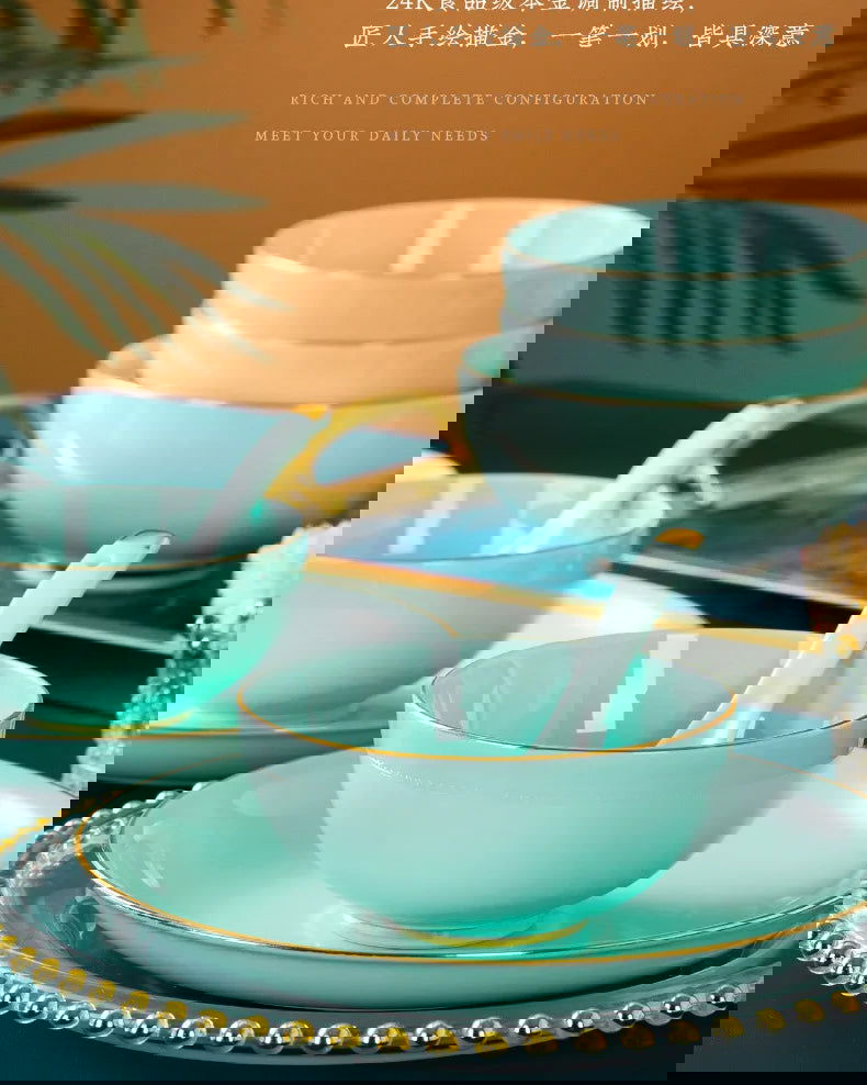 Jingdezhen Light Luxury Bone Porcelain Hand-painted Gold Border Bowl Plate Combination, Celadon Tableware Set for Household Use - Grand Goldman