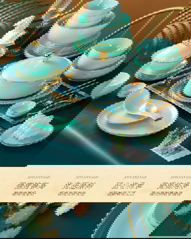 Jingdezhen Light Luxury Bone Porcelain Hand-painted Gold Border Bowl Plate Combination, Celadon Tableware Set for Household Use - Grand Goldman