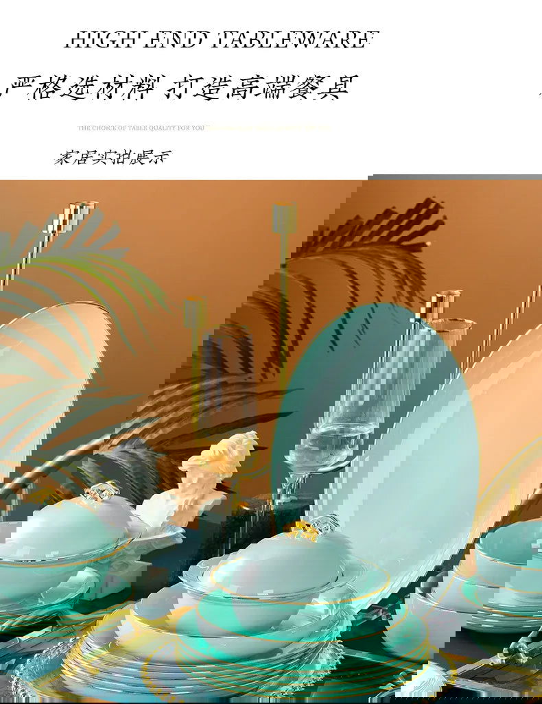 Jingdezhen Light Luxury Bone Porcelain Hand-painted Gold Border Bowl Plate Combination, Celadon Tableware Set for Household Use - Grand Goldman