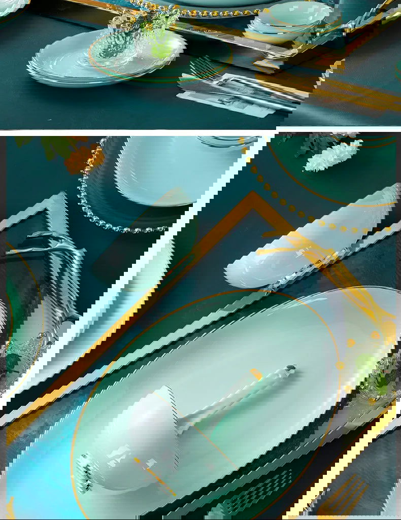 Jingdezhen Light Luxury Bone Porcelain Hand-painted Gold Border Bowl Plate Combination, Celadon Tableware Set for Household Use - Grand Goldman