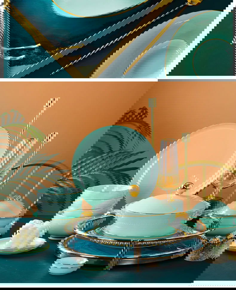 Jingdezhen Light Luxury Bone Porcelain Hand-painted Gold Border Bowl Plate Combination, Celadon Tableware Set for Household Use - Grand Goldman