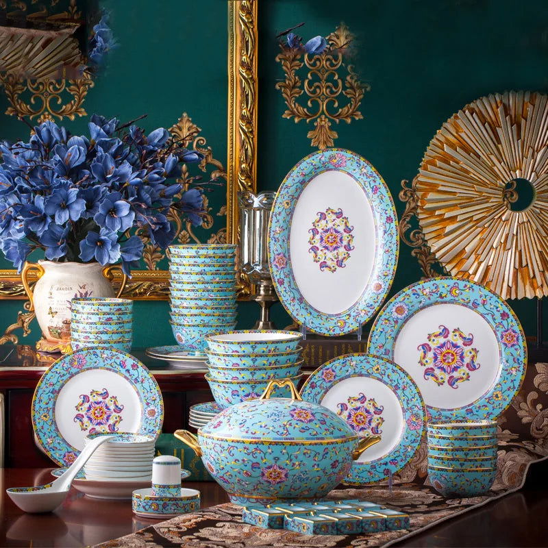 Jingdezhen bowl and dish set palace bowl enamel color ceramic tableware set bone tableware set plate combination - Grand Goldman