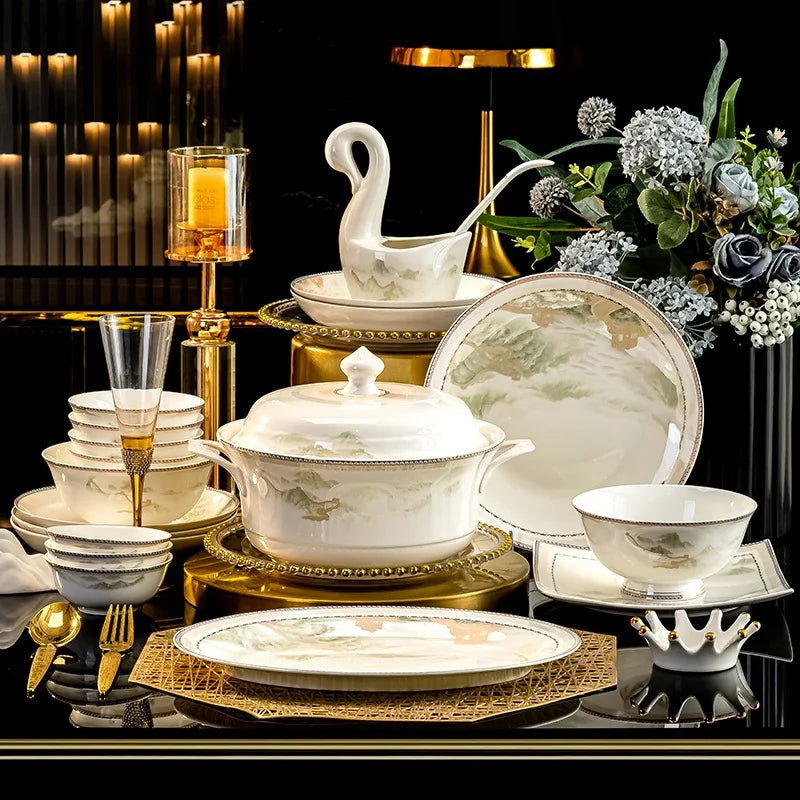 Jingdezhen dish set housewarming tableware set bowl and plate ceramic tableware set light luxury plate bowl - Grand Goldman