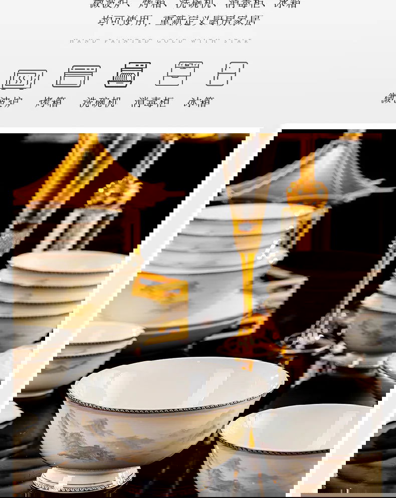Jingdezhen dish set housewarming tableware set bowl and plate ceramic tableware set light luxury plate bowl - Grand Goldman