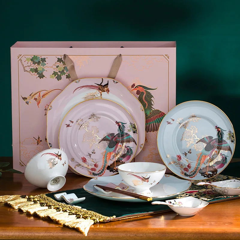 Jingdezhen tableware set, birds and phoenix dishes set, household light luxury and high-end - Grand Goldman