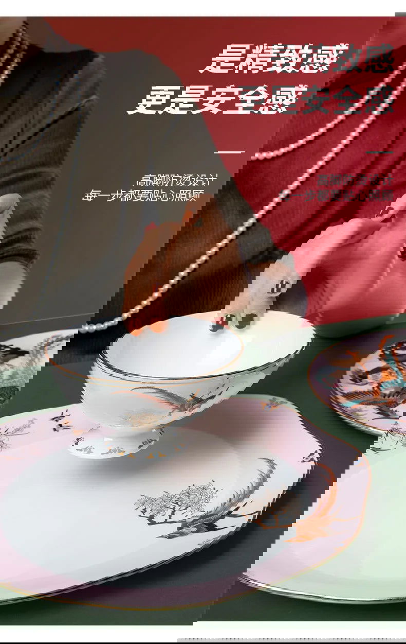 Jingdezhen tableware set, birds and phoenix dishes set, household light luxury and high-end - Grand Goldman