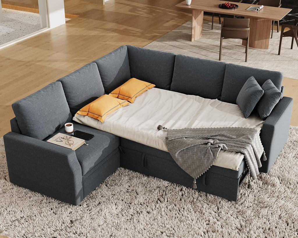 Jocisland Sofa Bed, 85 Inch Sleeper Sofa with Pull Out Bed & Storage Seat, Oversized L Shape Sectional Sofa for Living Room Apartment, Grey Linen Reversible Couch - Grand Goldman