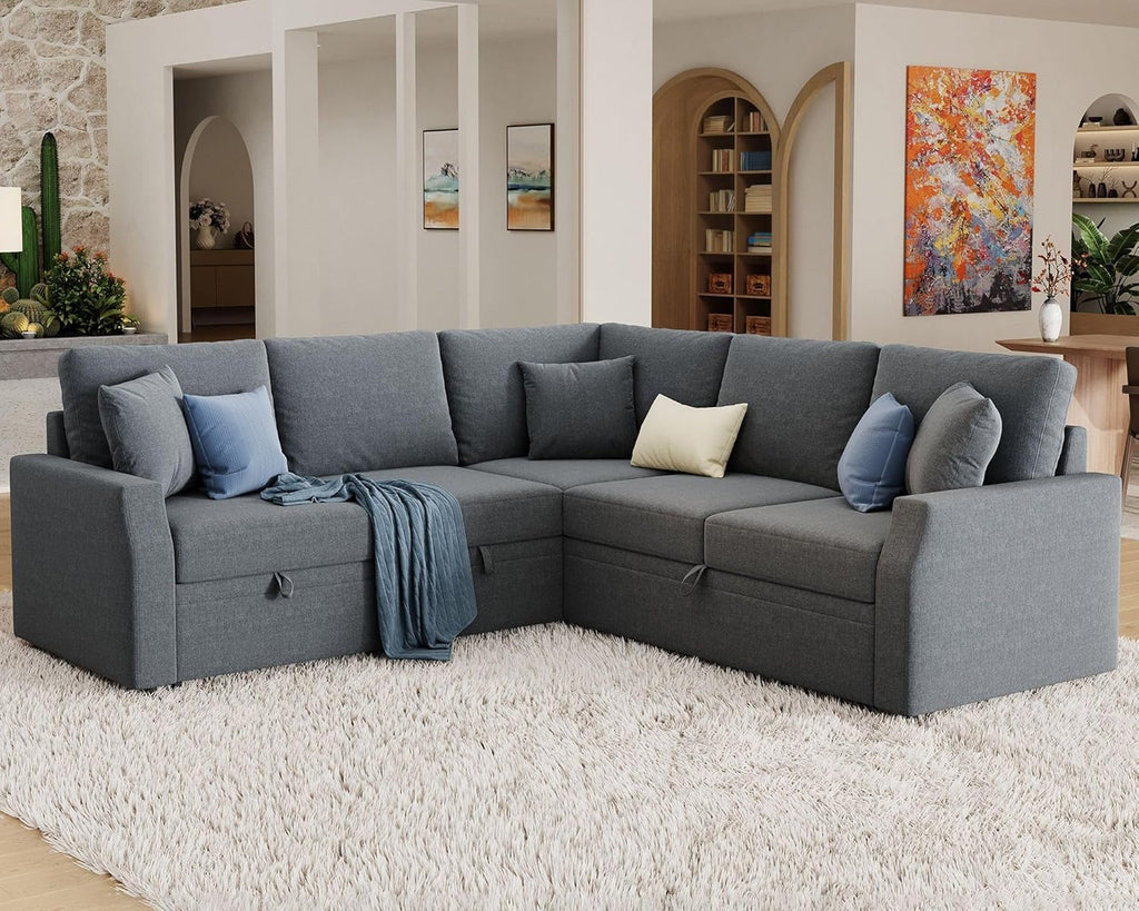 Jocisland Sofa Bed, 85 Inch Sleeper Sofa with Pull Out Bed & Storage Seat, Oversized L Shape Sectional Sofa for Living Room Apartment, Grey Linen Reversible Couch - Grand Goldman