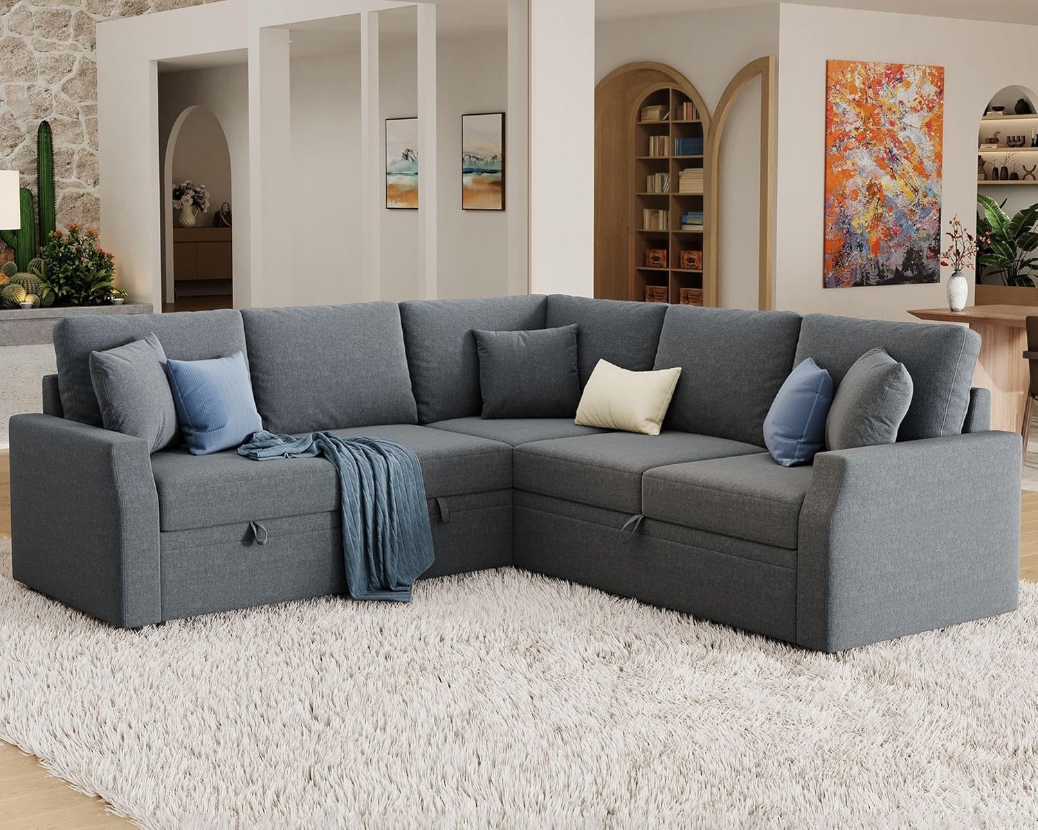 Jocisland Sofa Bed, 85 Inch Sleeper Sofa with Pull Out Bed & Storage Seat, Oversized L Shape Sectional Sofa for Living Room Apartment, Grey Linen Reversible Couch - Grand Goldman