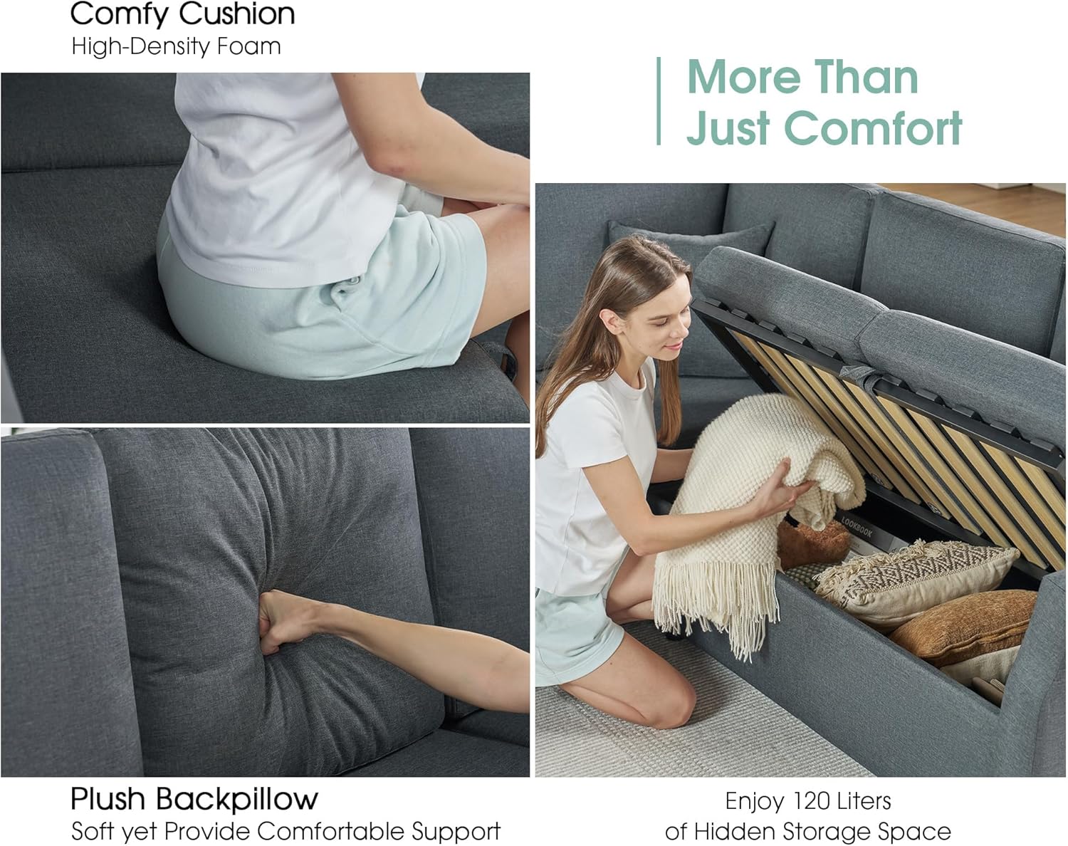 Jocisland Sofa Bed, 85 Inch Sleeper Sofa with Pull Out Bed & Storage Seat, Oversized L Shape Sectional Sofa for Living Room Apartment, Grey Linen Reversible Couch - Grand Goldman