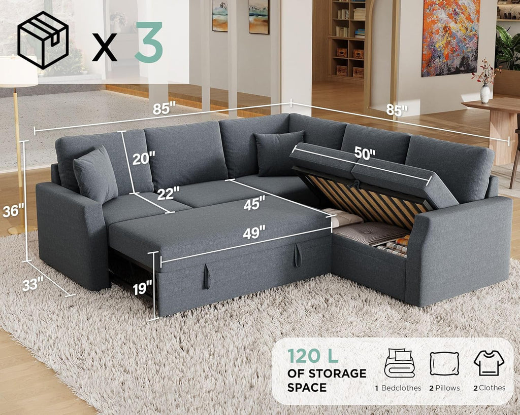 Jocisland Sofa Bed, 85 Inch Sleeper Sofa with Pull Out Bed & Storage Seat, Oversized L Shape Sectional Sofa for Living Room Apartment, Grey Linen Reversible Couch - Grand Goldman