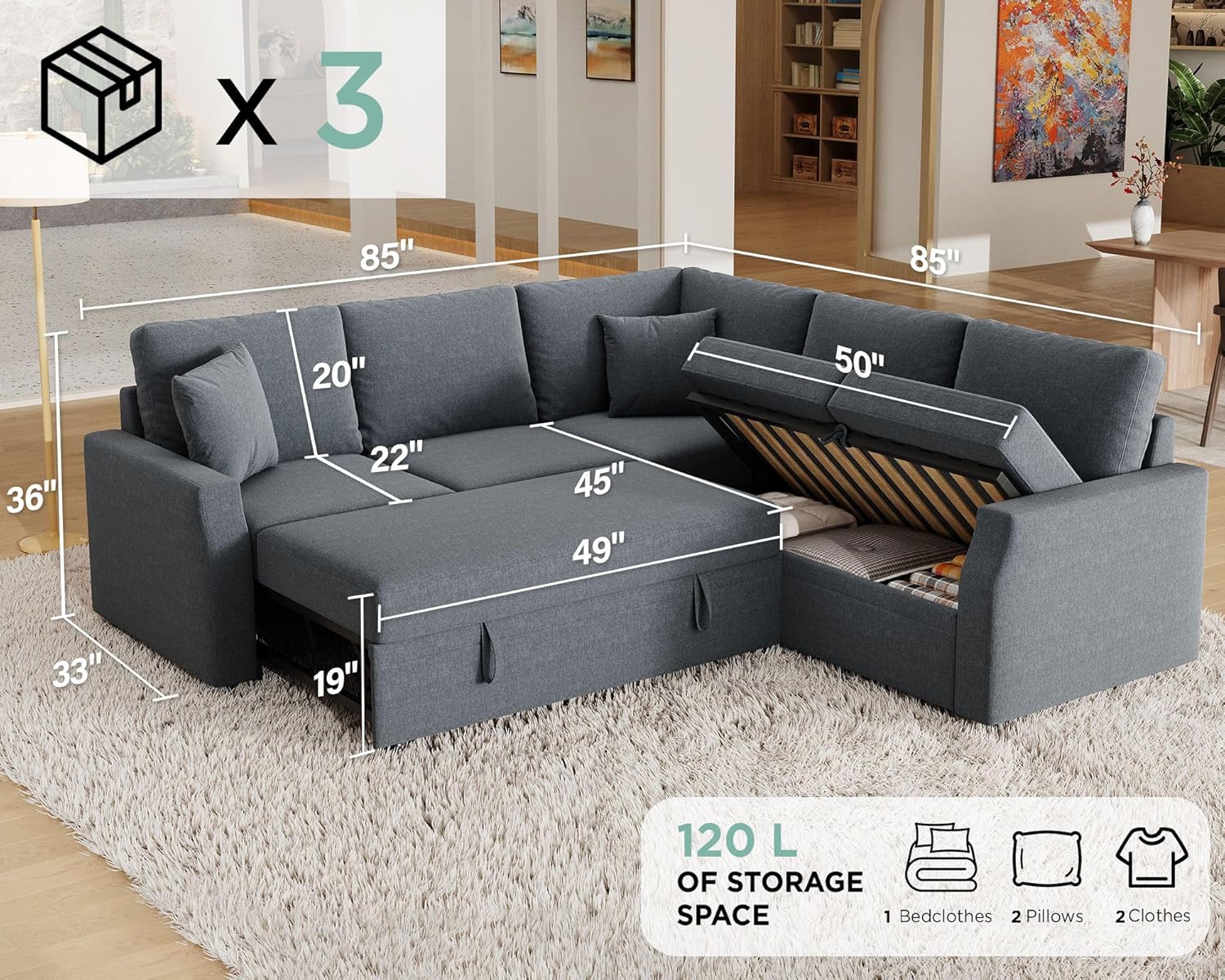 Jocisland Sofa Bed, 85 Inch Sleeper Sofa with Pull Out Bed & Storage Seat, Oversized L Shape Sectional Sofa for Living Room Apartment, Grey Linen Reversible Couch - Grand Goldman