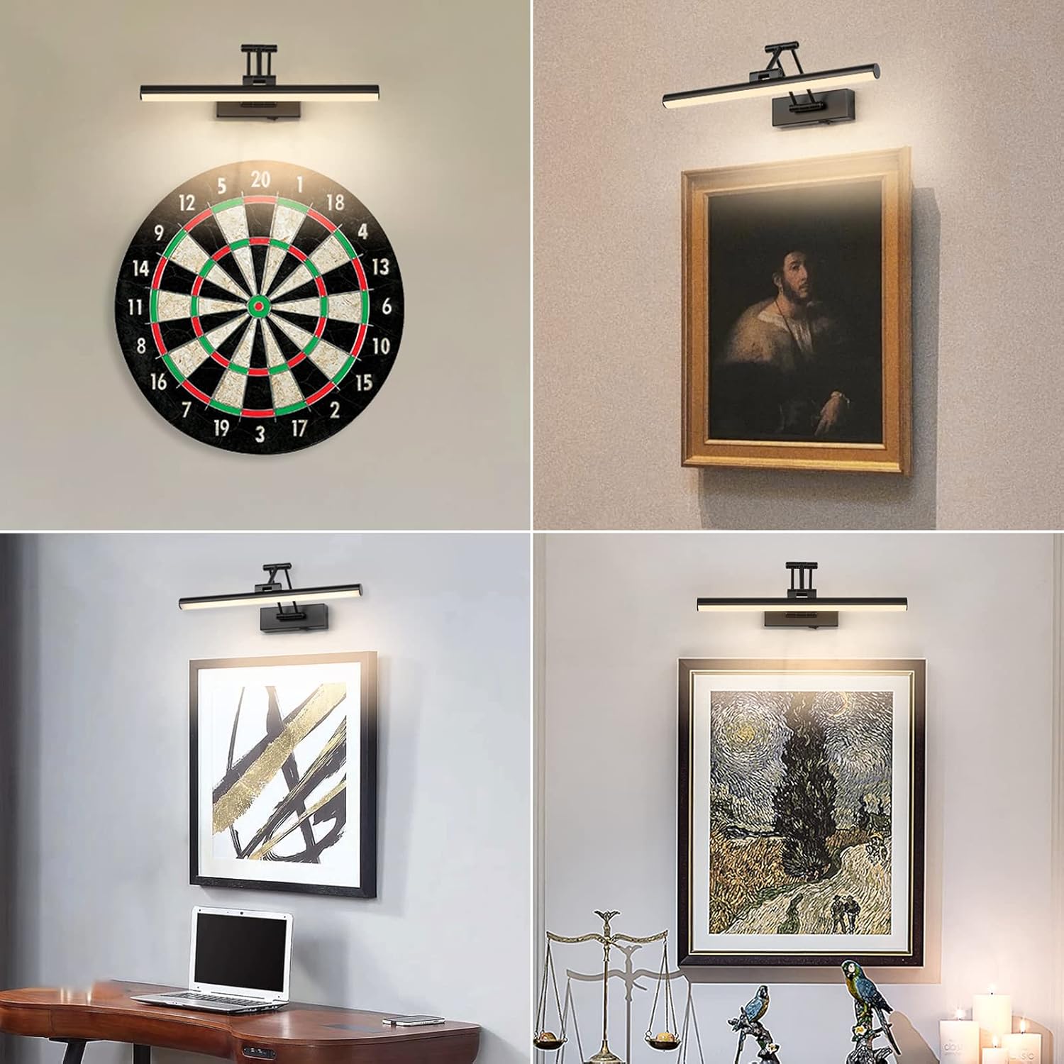 Joossnwell Battery Operated Picture Light Wireless Picture Lights for Paintings with Remote 15.5 Inch Dimmable and Timer Rechargeable Art Light Black Display Gallery Light with Adjustable Swing Arm - Grand Goldman