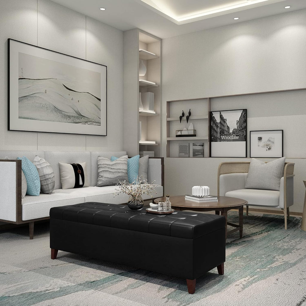 Joveco Storage Ottoman Bench- Faux Leather Tufted Bench Foot Rest (Black Midnight) - Grand Goldman