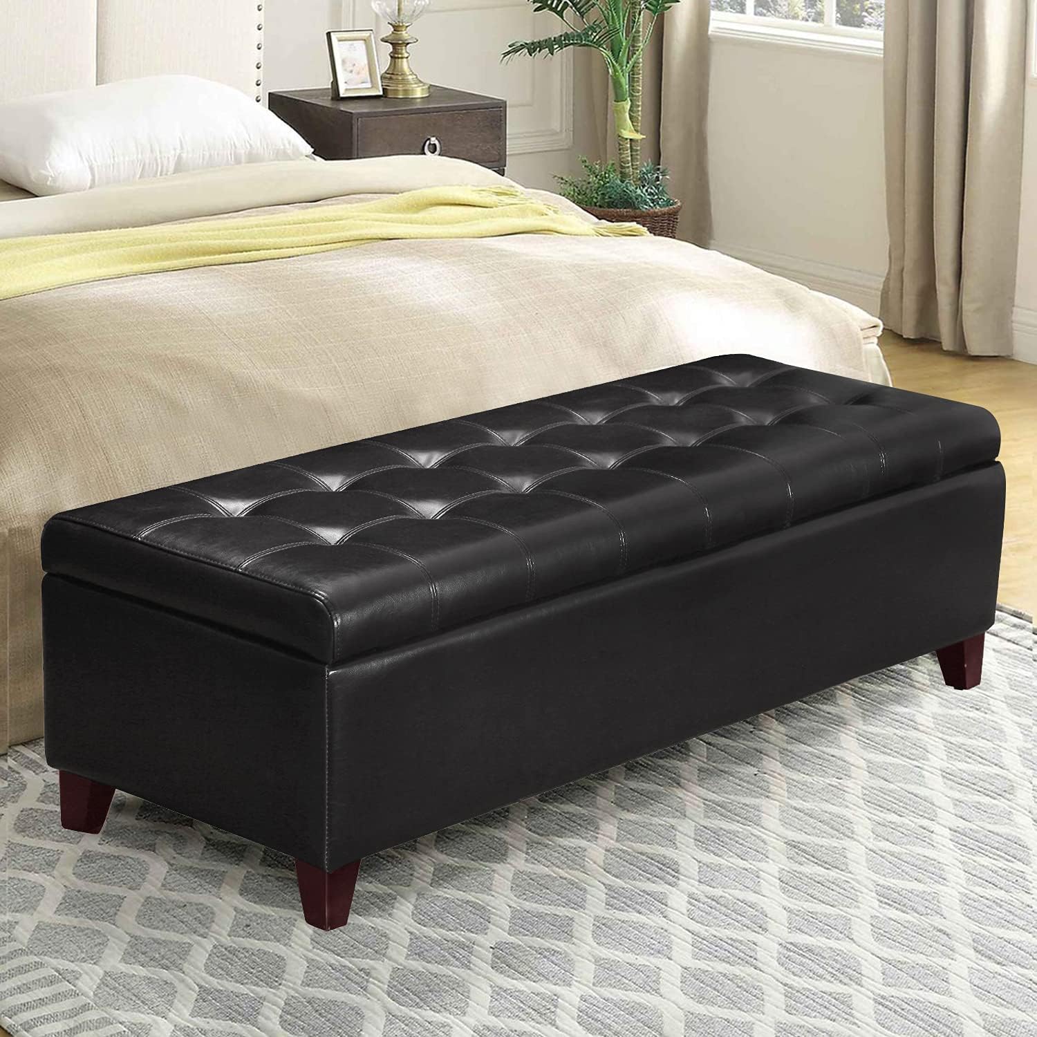 Joveco Storage Ottoman Bench- Faux Leather Tufted Bench Foot Rest (Black Midnight) - Grand Goldman