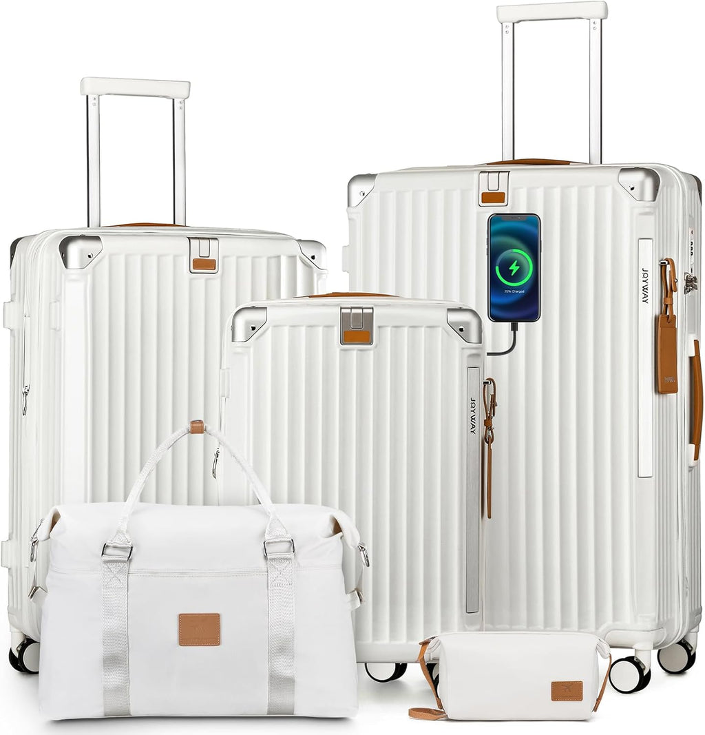 Joyway Carry On Luggage, Expandable Suitcase with Smart Luggage Cup Holder and USB Port, 20 IN Hardside Luggage with TSA Lock Spinner Double Wheels, White - Grand Goldman