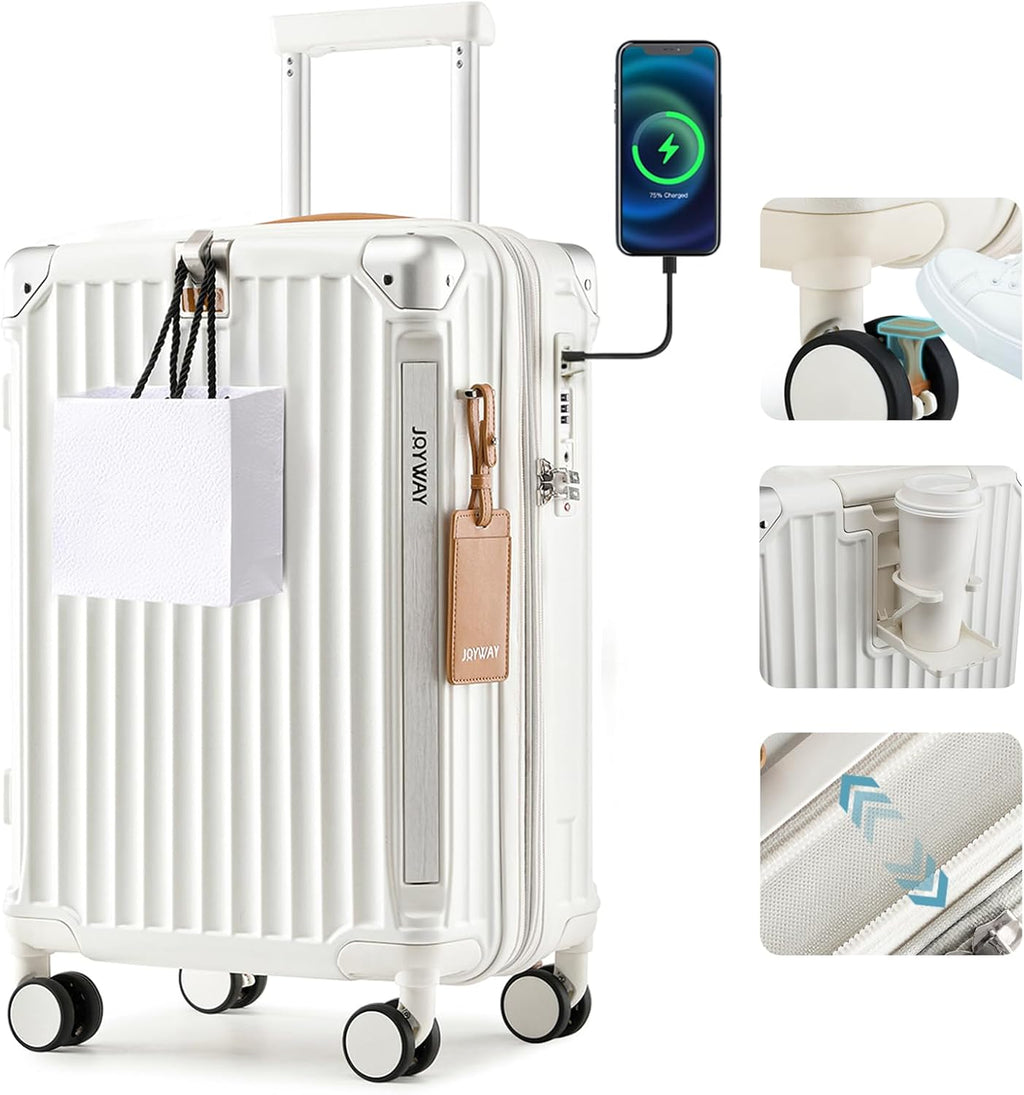 Joyway Carry On Luggage, Expandable Suitcase with Smart Luggage Cup Holder and USB Port, 20 IN Hardside Luggage with TSA Lock Spinner Double Wheels, White - Grand Goldman