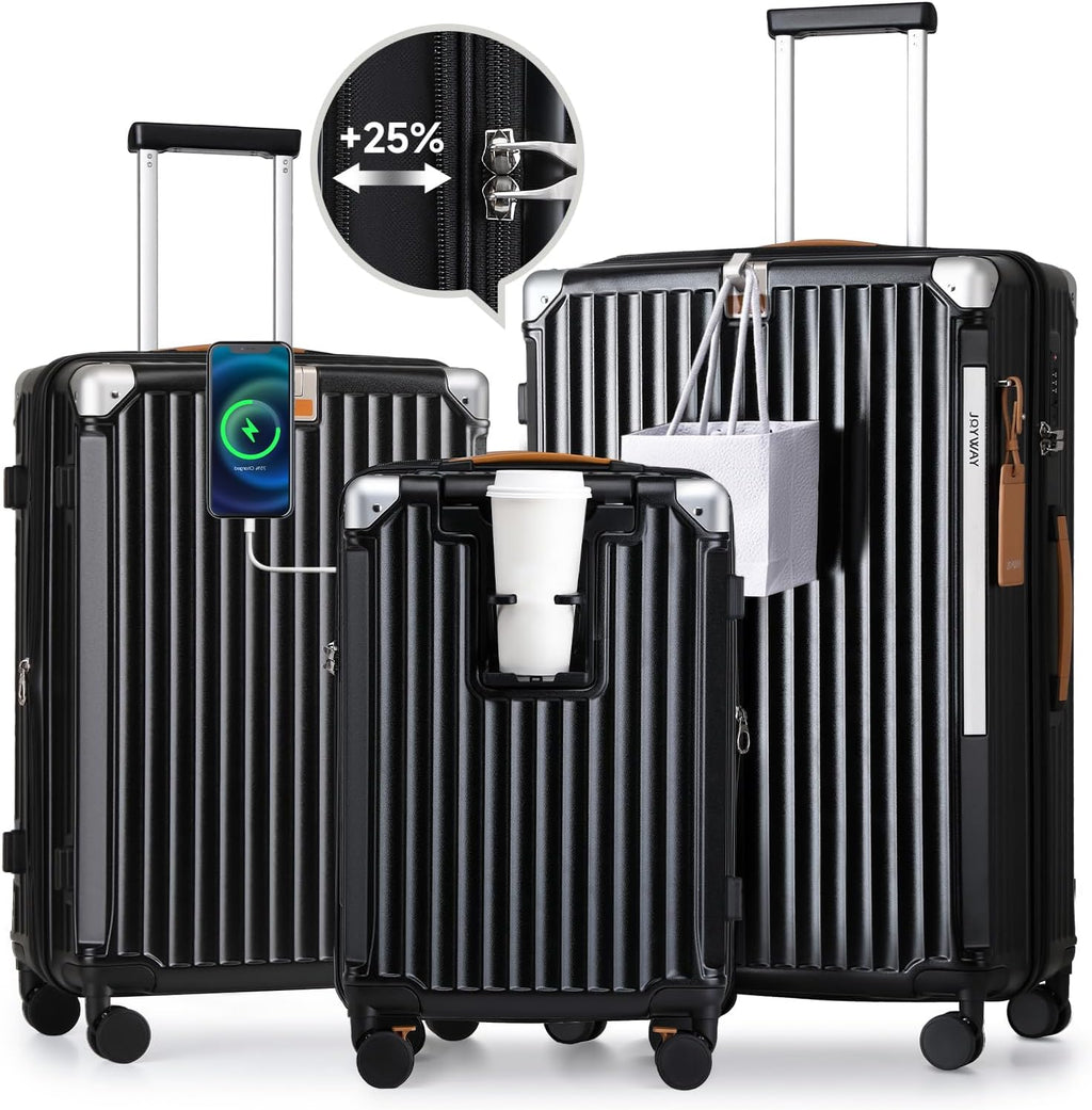 Joyway Carry On Luggage, Expandable Suitcase with Smart Luggage Cup Holder and USB Port, 20 IN Hardside Luggage with TSA Lock Spinner Double Wheels, White - Grand Goldman