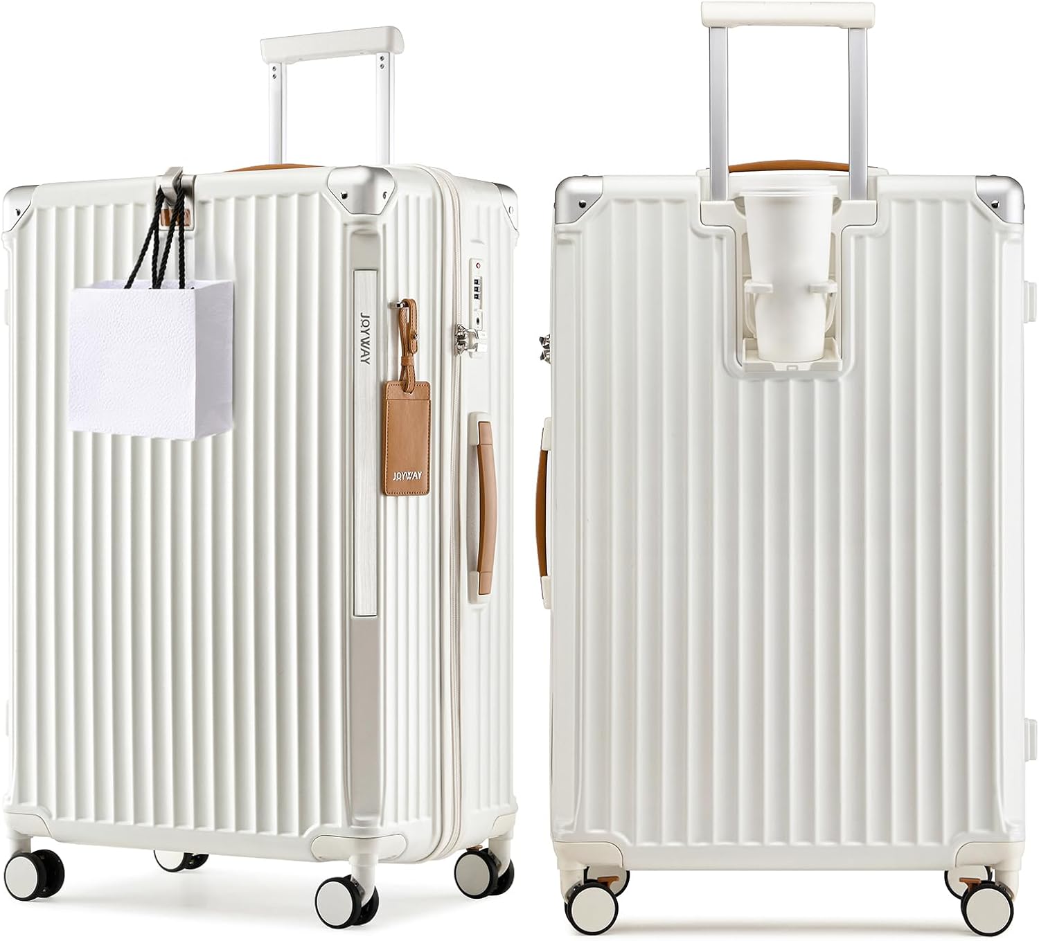 Joyway Carry On Luggage, Expandable Suitcase with Smart Luggage Cup Holder and USB Port, 20 IN Hardside Luggage with TSA Lock Spinner Double Wheels, White - Grand Goldman