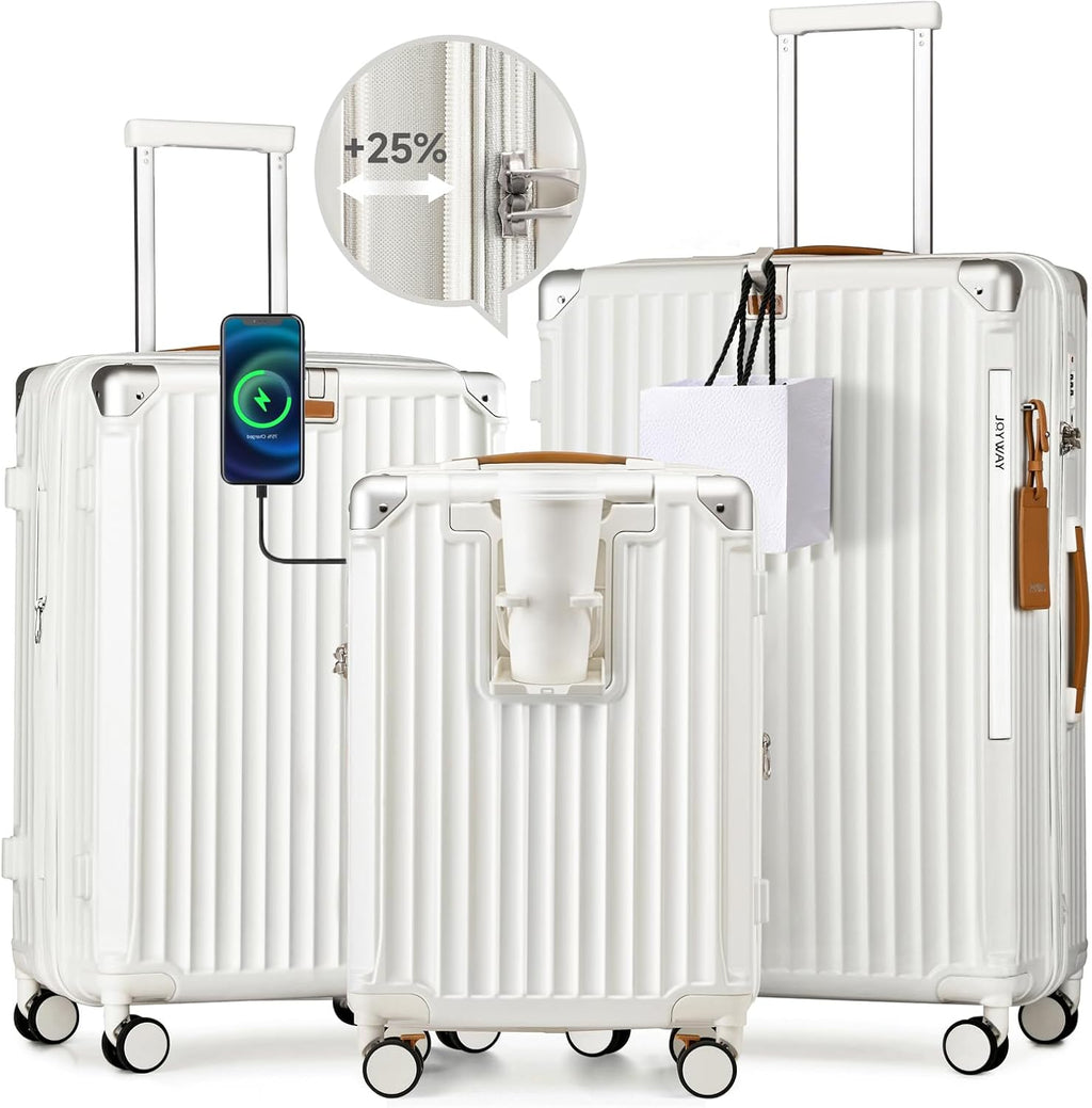 Joyway Carry On Luggage, Expandable Suitcase with Smart Luggage Cup Holder and USB Port, 20 IN Hardside Luggage with TSA Lock Spinner Double Wheels, White - Grand Goldman