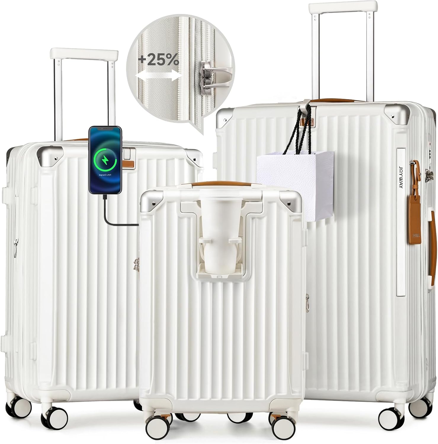 Joyway Carry On Luggage, Expandable Suitcase with Smart Luggage Cup Holder and USB Port, 20 IN Hardside Luggage with TSA Lock Spinner Double Wheels, White - Grand Goldman