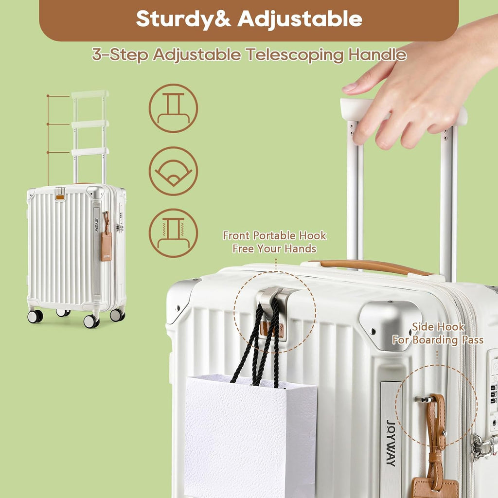 Joyway Carry On Luggage, Expandable Suitcase with Smart Luggage Cup Holder and USB Port, 20 IN Hardside Luggage with TSA Lock Spinner Double Wheels, White - Grand Goldman