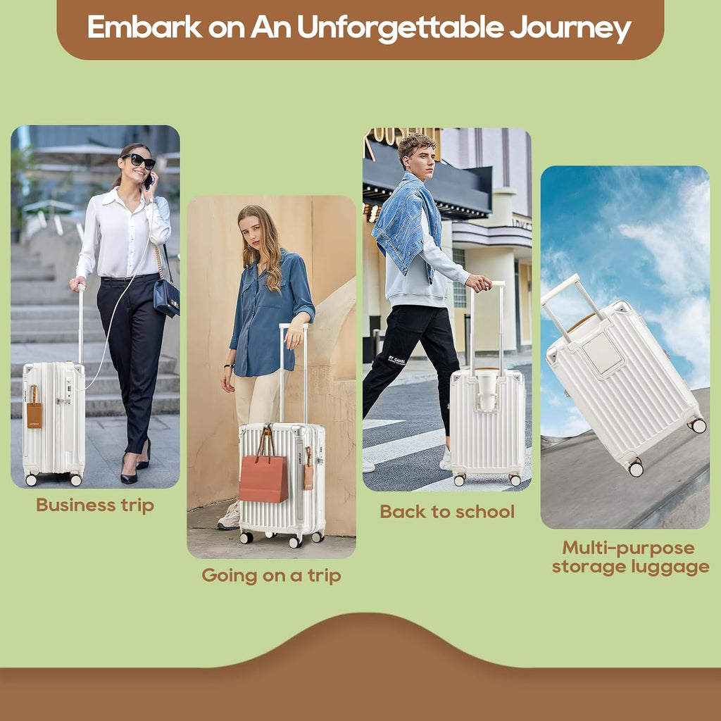 Joyway Carry On Luggage, Expandable Suitcase with Smart Luggage Cup Holder and USB Port, 20 IN Hardside Luggage with TSA Lock Spinner Double Wheels, White - Grand Goldman