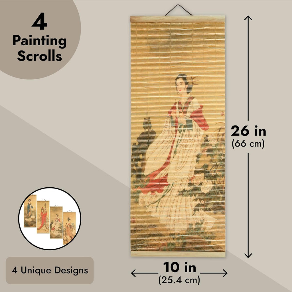 Juvale Asian Wall Decor, 4 Pack Hanging Bamboo Scrolls, Chinese Paintings (10x26 in) - Grand Goldman